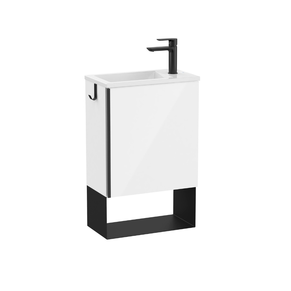 Product cut out image of the Roca Mini Pro Gloss White Vanity Unit & Basin with Left-Hand Installation
